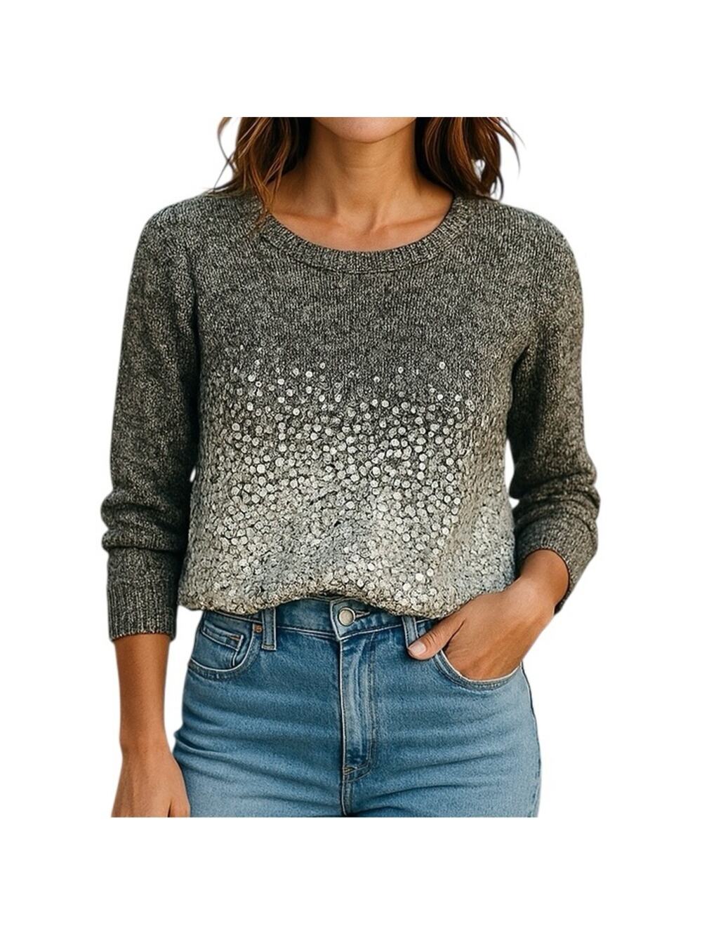 Eileen Fisher Linen Blend Cropped Sweater Small Gray Marled Sequin Knit